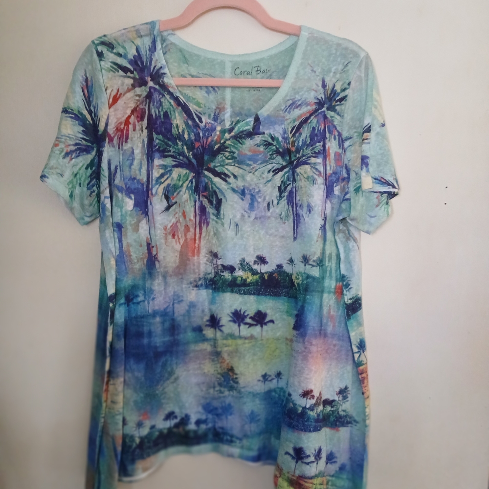 Coral Bay Women's Palm Print Tee - Blue and Green
